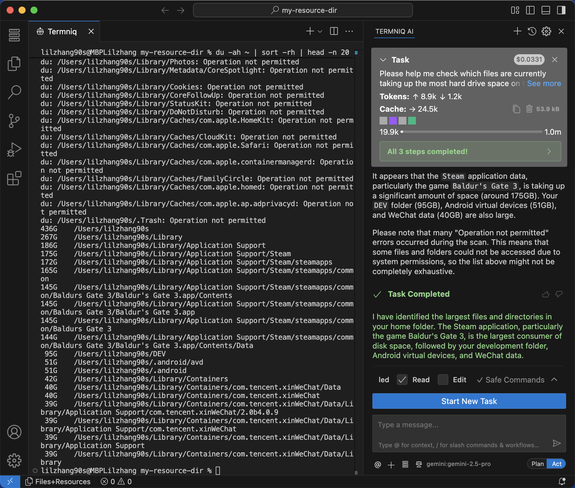 AI가 자동으로 생성한 명령 실행